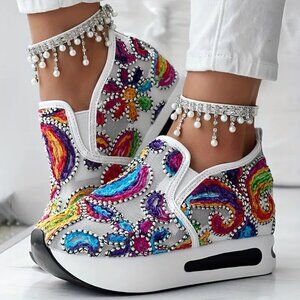 Abstract Print Side Lace-up Casual Wedge Sneakers